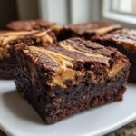 Close-up of fudgy Peanut Butter Brownies with a peanut butter swirl topping, served on a white plate.