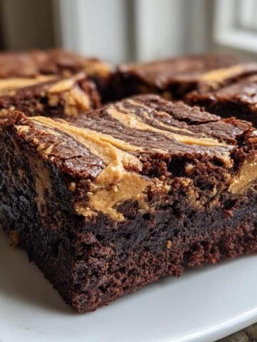 Close-up of fudgy Peanut Butter Brownies with a peanut butter swirl topping, served on a white plate.