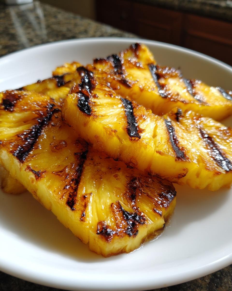 Close-up of sweet, caramelized Grilled Pineapple slices with distinct char marks served on a white plate.