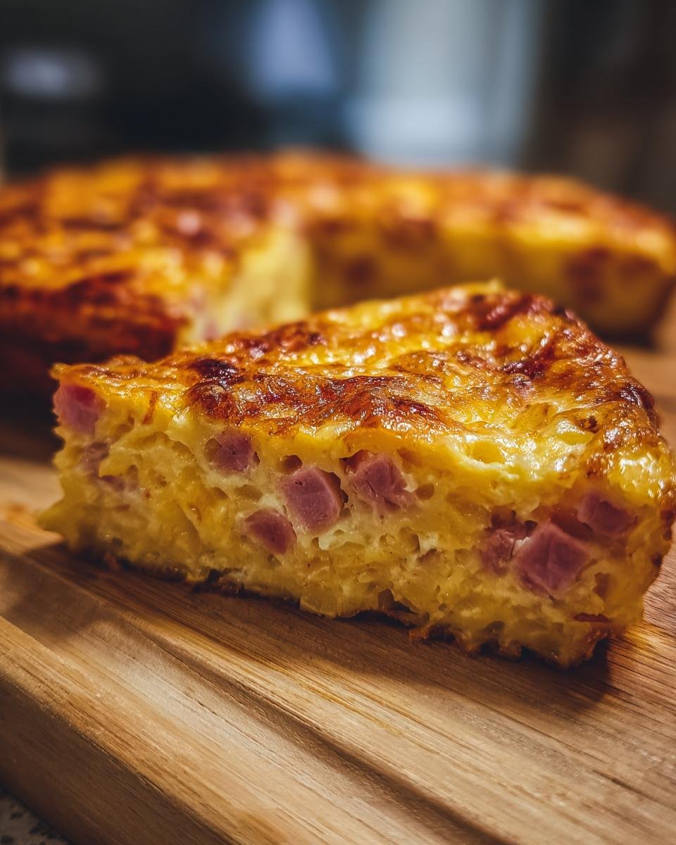 A close-up slice of baked Ham And Cheese Casserole showing chunks of ham baked into a cheesy, egg-based structure.