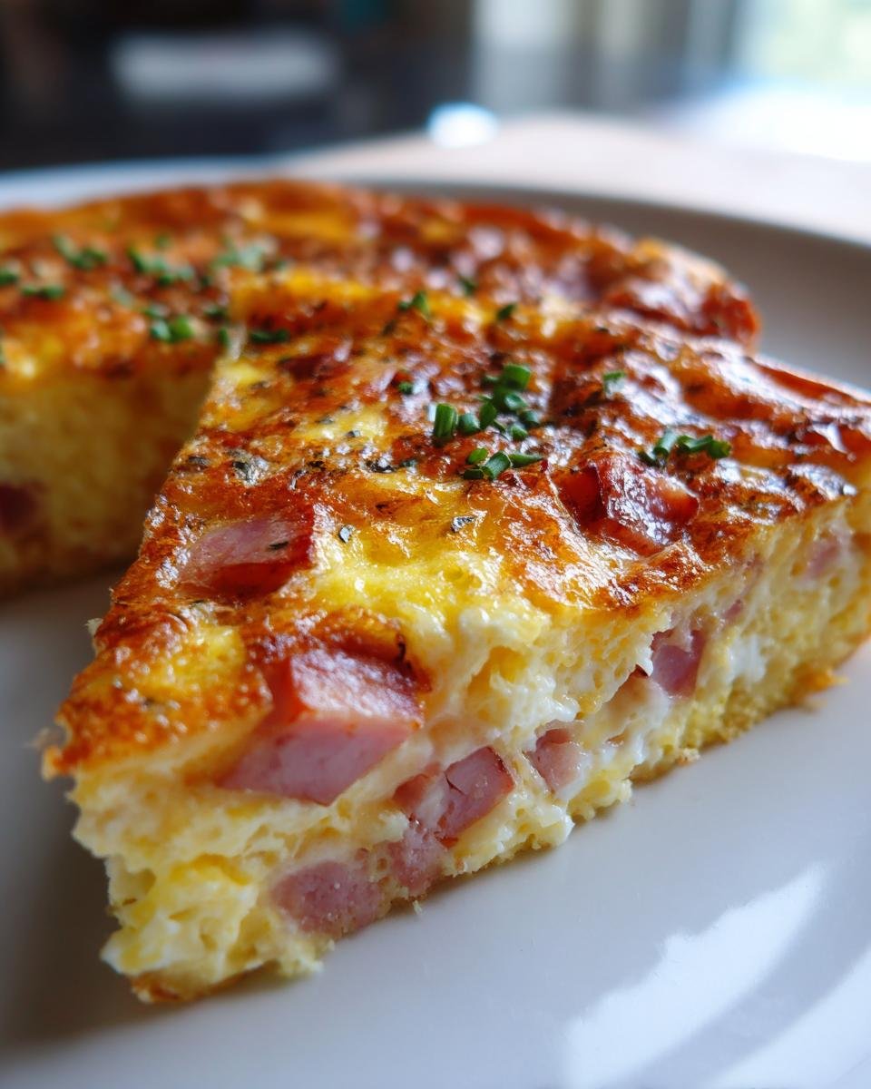 Close-up of a thick slice of Ham And Cheese Casserole showing chunks of ham baked in a cheesy egg base, topped with herbs.