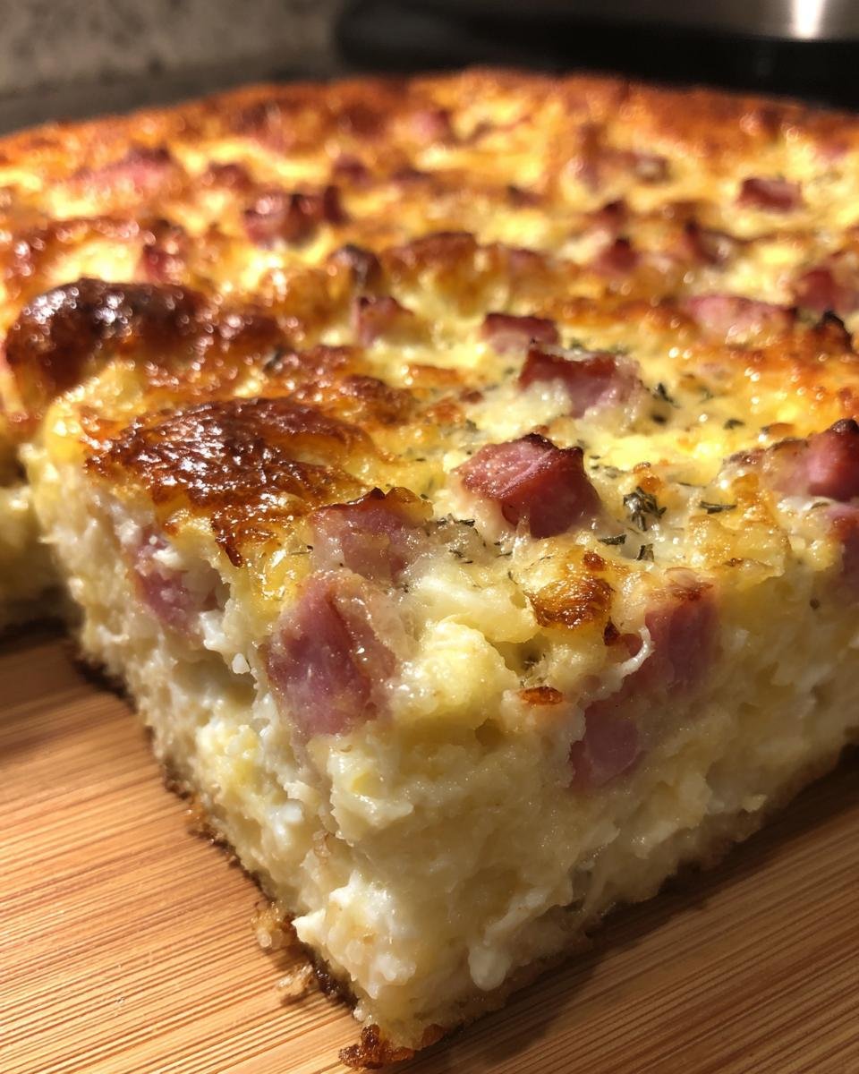 Close-up of a thick slice of baked Ham And Cheese Casserole showing a cheesy, eggy interior with diced ham and a golden-brown top.