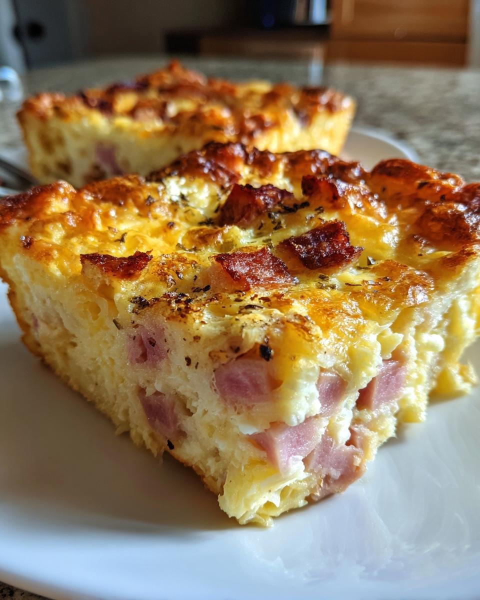 Close-up of a thick slice of Ham And Cheese Casserole showing chunks of ham and a golden, cheesy, baked top.