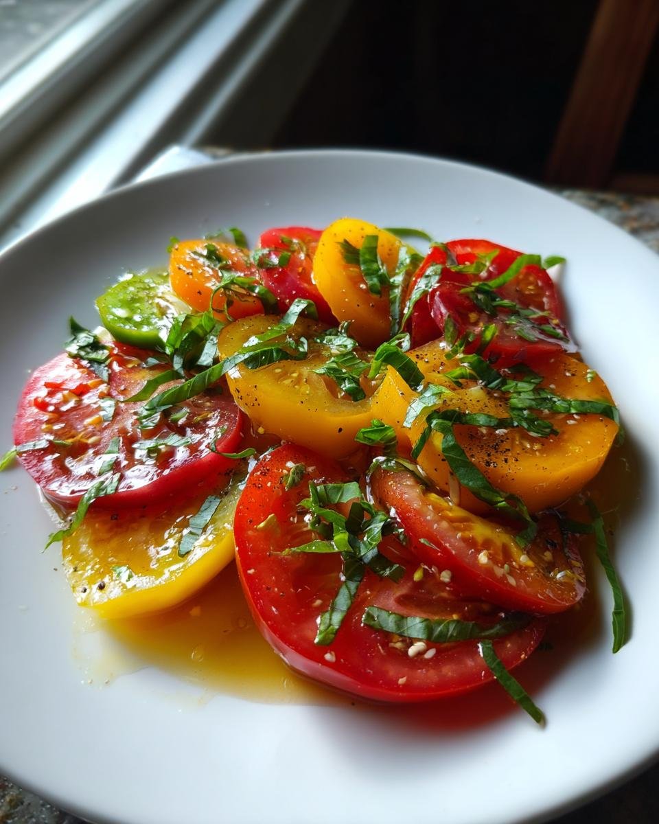 Close-up of colorful sliced heirloom tomato salad, dressed and topped with fresh basil.