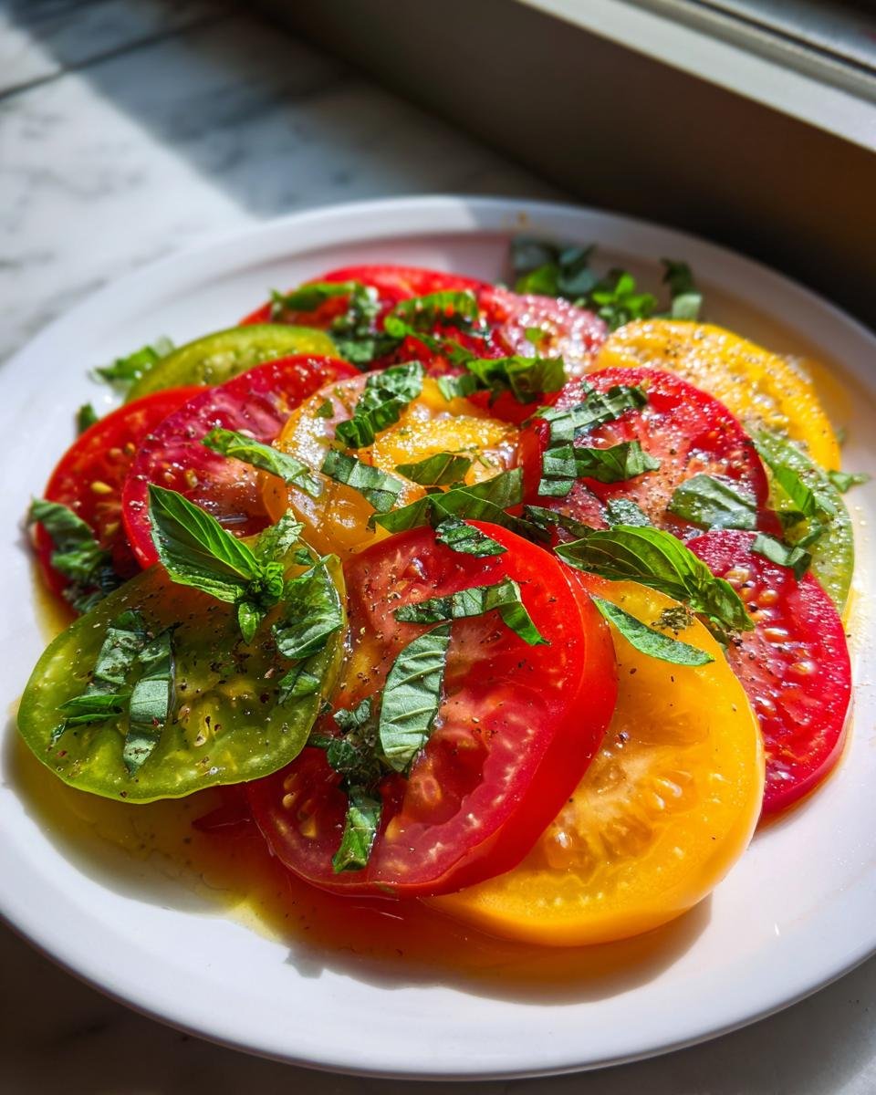 Close-up of sliced red, yellow, and green heirloom tomato salad topped with fresh basil and pepper.