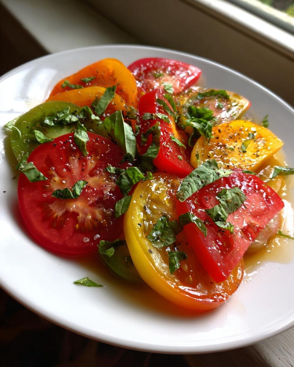 Close-up of colorful heirloom tomato salad slices seasoned with pepper and topped with fresh basil.