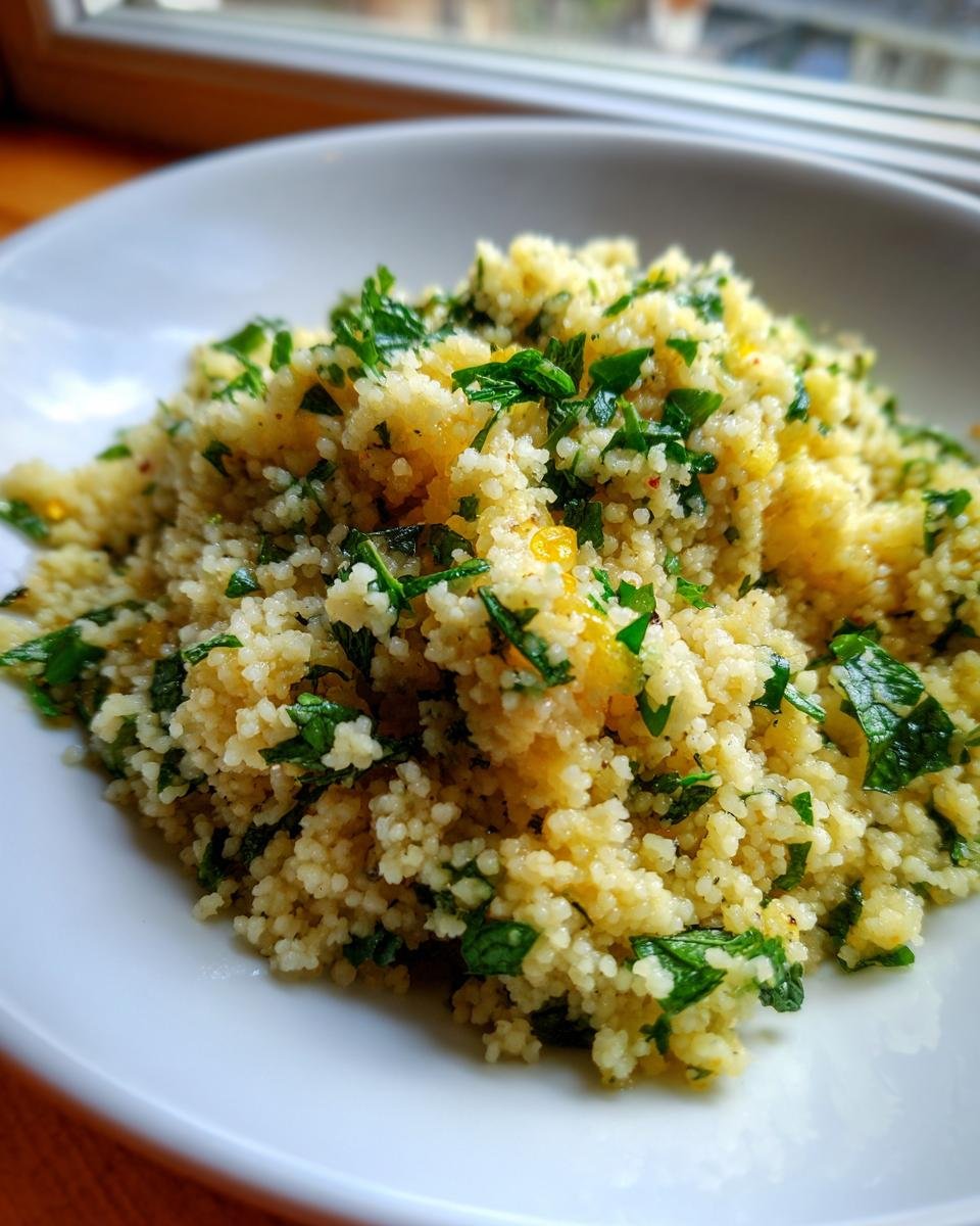 Close-up of fluffy couscous mixed with bright green chopped herbs and hints of orange zest.