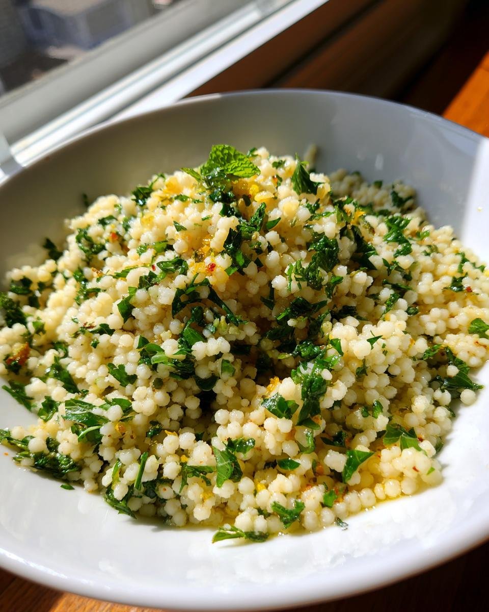 Close-up of a bowl of fluffy couscous mixed with chopped parsley, mint, and lemon zest, a perfect example of quick couscous recipes.