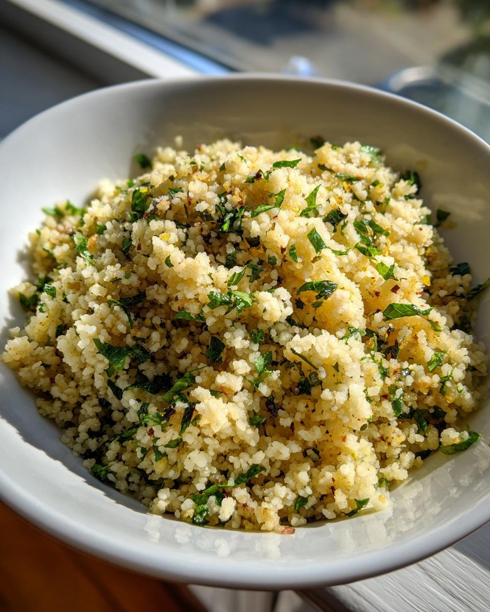 Close-up of fluffy, seasoned couscous mixed with fresh green herbs in a white bowl, a perfect example of quick Couscous Recipes.