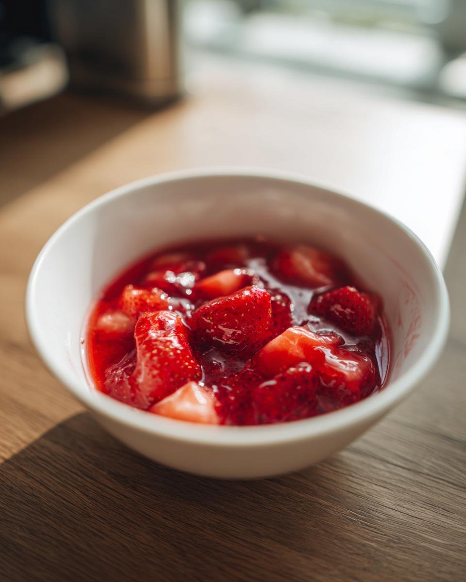 Close-up of chunky, vibrant red Strawberry Sauce served in a small white bowl on a wooden surface.