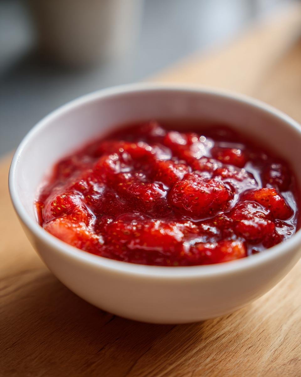 Close-up of chunky, bright red homemade Strawberry Sauce served in a small white bowl on a wooden surface.