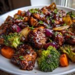 Close-up of Honey Balsamic Chicken With Veggies coated in a dark, glossy sauce, mixed with broccoli, carrots, and red onion.