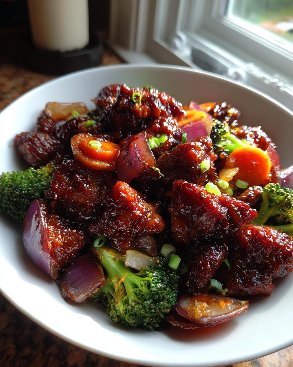 Close-up of Honey Balsamic Chicken With Veggies, featuring glazed chicken pieces, broccoli, red onion, and carrots.