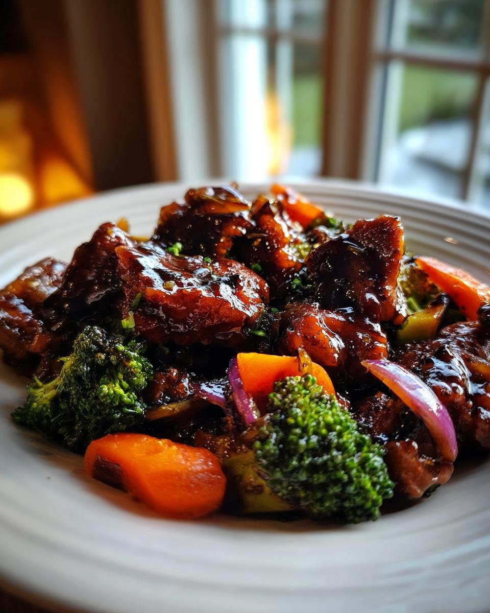 Close-up of glistening Honey Balsamic Chicken With Veggies, featuring broccoli, carrots, and red onion.