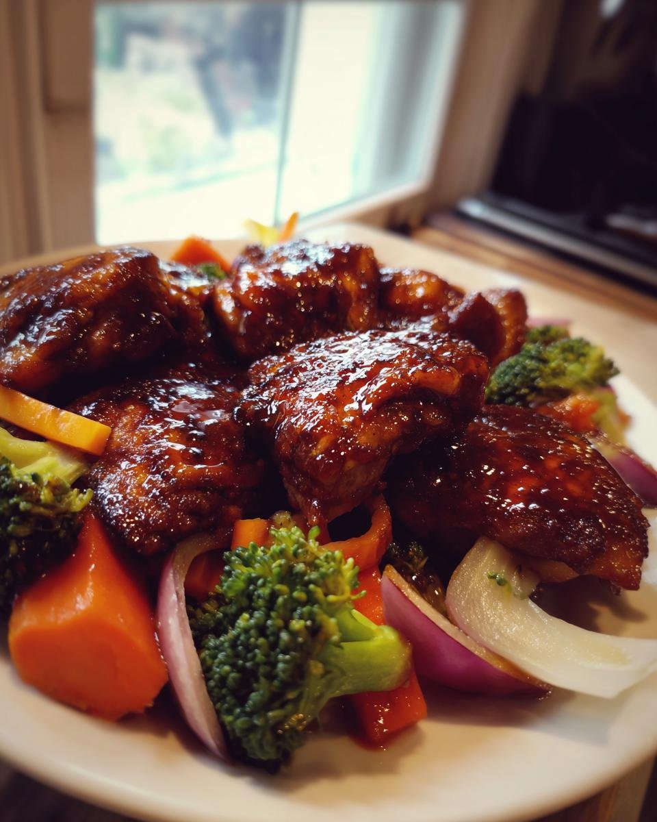 Close-up of glistening Honey Balsamic Chicken With Veggies, featuring glazed chicken pieces served over broccoli, carrots, and red onion.