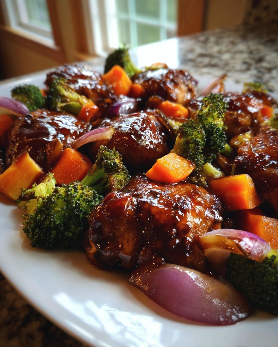 Close-up of Honey Balsamic Chicken With Veggies, featuring glazed chicken pieces, broccoli, carrots, and red onion on a white plate.