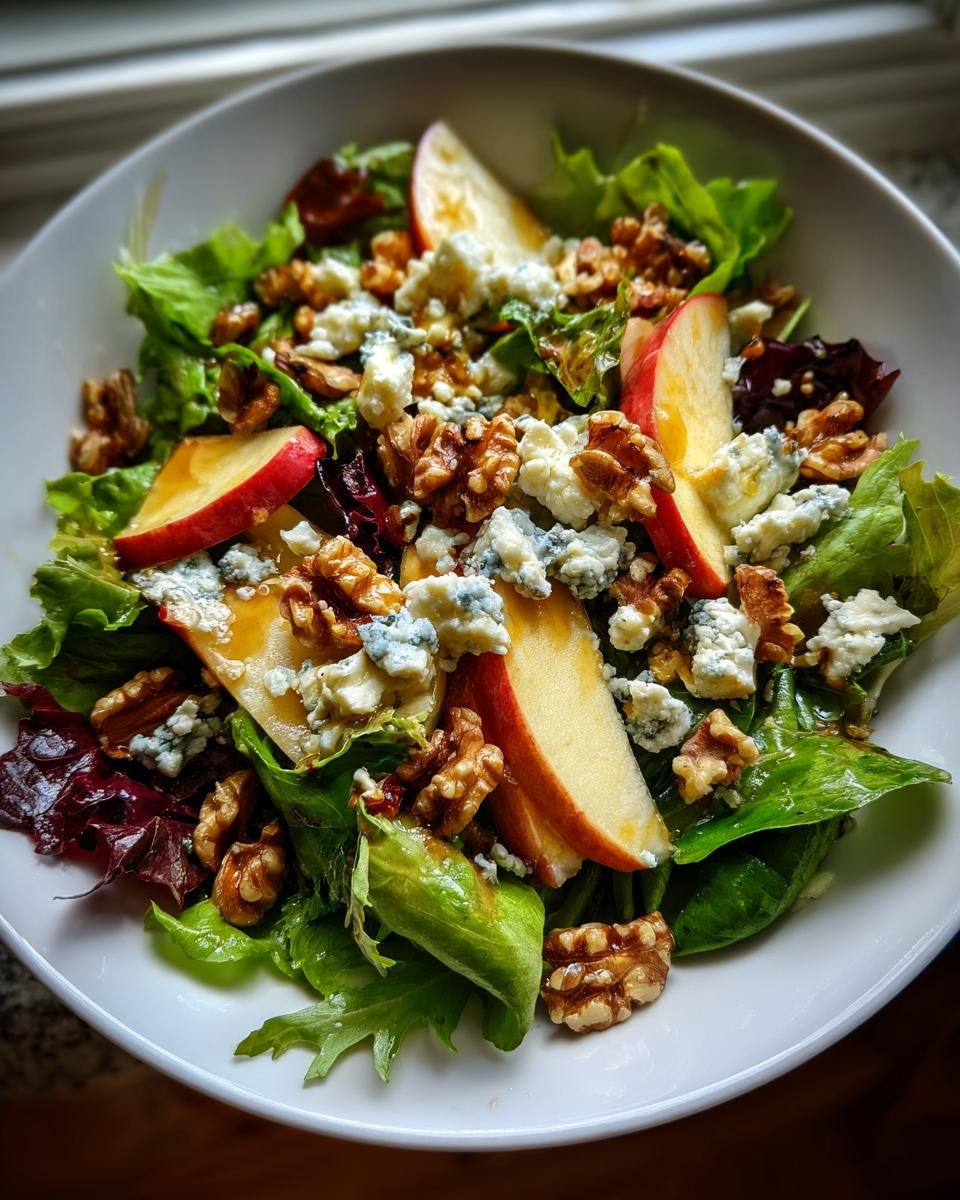 Close-up of a fresh salad featuring slices of Honeycrisp apple, walnuts, and crumbled blue cheese over mixed greens.