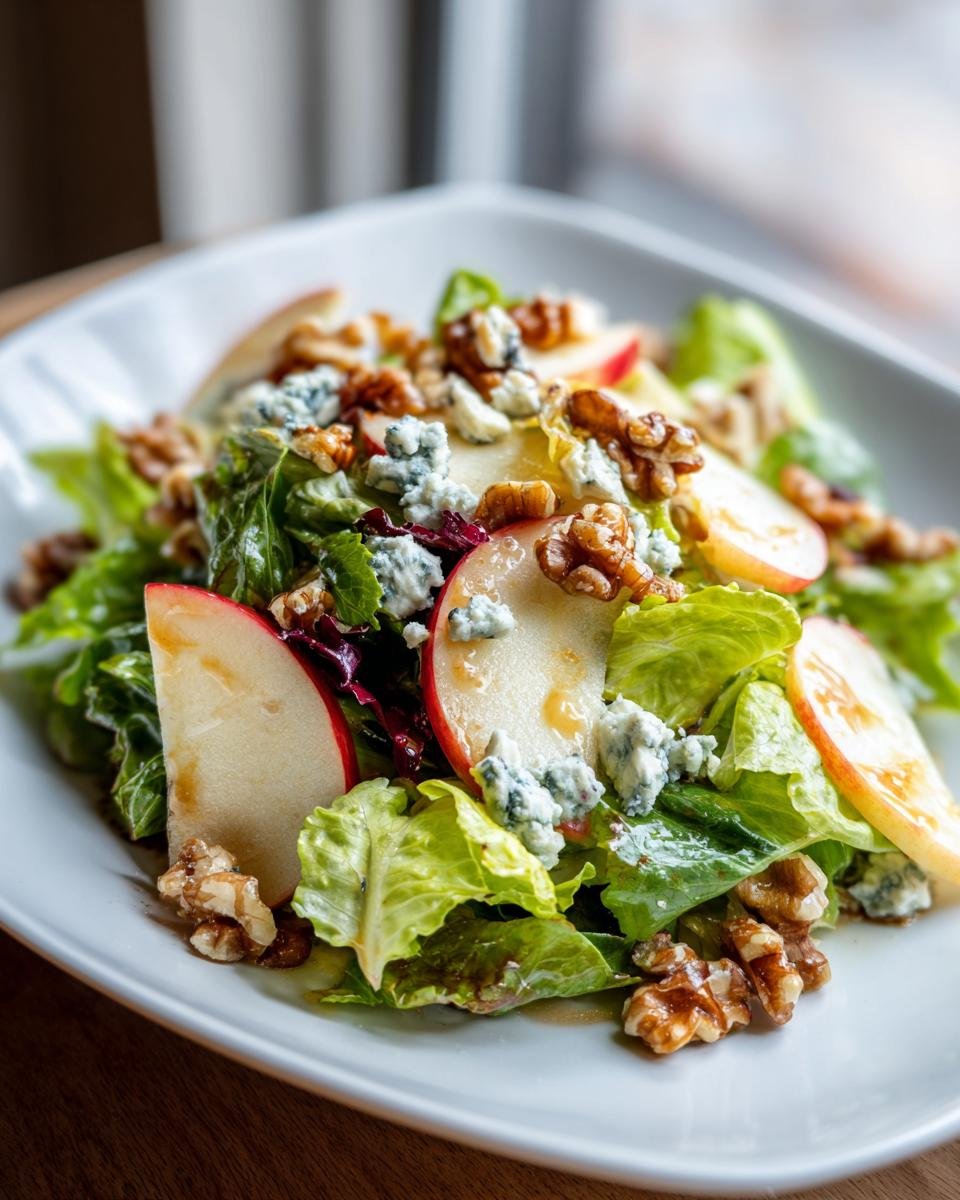A fresh salad featuring crisp slices of Honeycrisp apple, blue cheese crumbles, and walnuts over mixed greens.