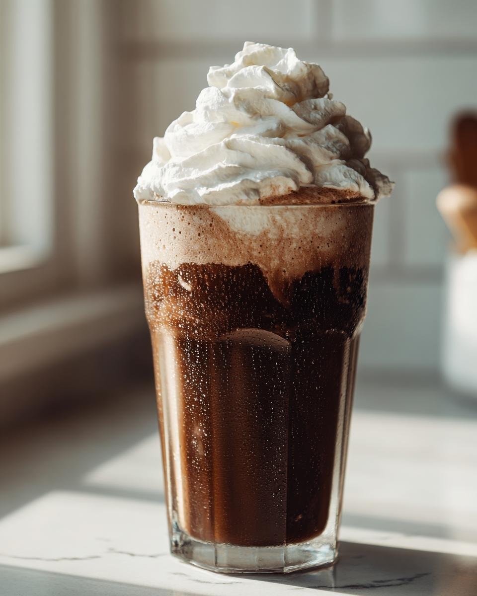 A tall glass filled with a dark brown Coffee Milkshake topped generously with whipped cream.