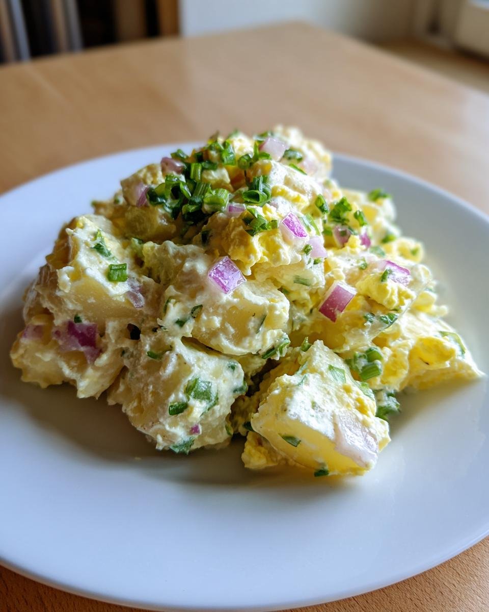 A serving of creamy Ina Gartens Potato Salad topped with diced red onion and fresh green chives on a white plate.