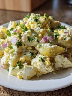 A close-up of a serving of Ina Gartens Potato Salad, creamy, with visible chunks of potato, red onion, and fresh parsley garnish.