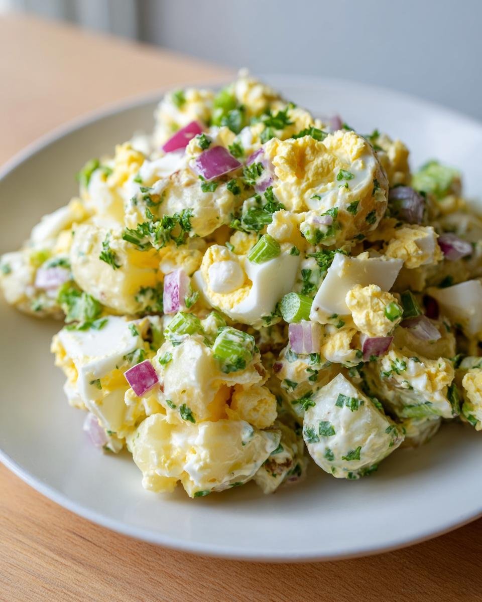 A close-up of Ina Gartens Potato Salad served on a white plate, featuring potatoes, chopped eggs, red onion, and celery.