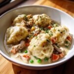 A close-up of four fluffy dumplings served in a creamy sauce with shredded chicken, carrots, and peas, garnished with herbs for Instant Pot Chicken And Dumplings.