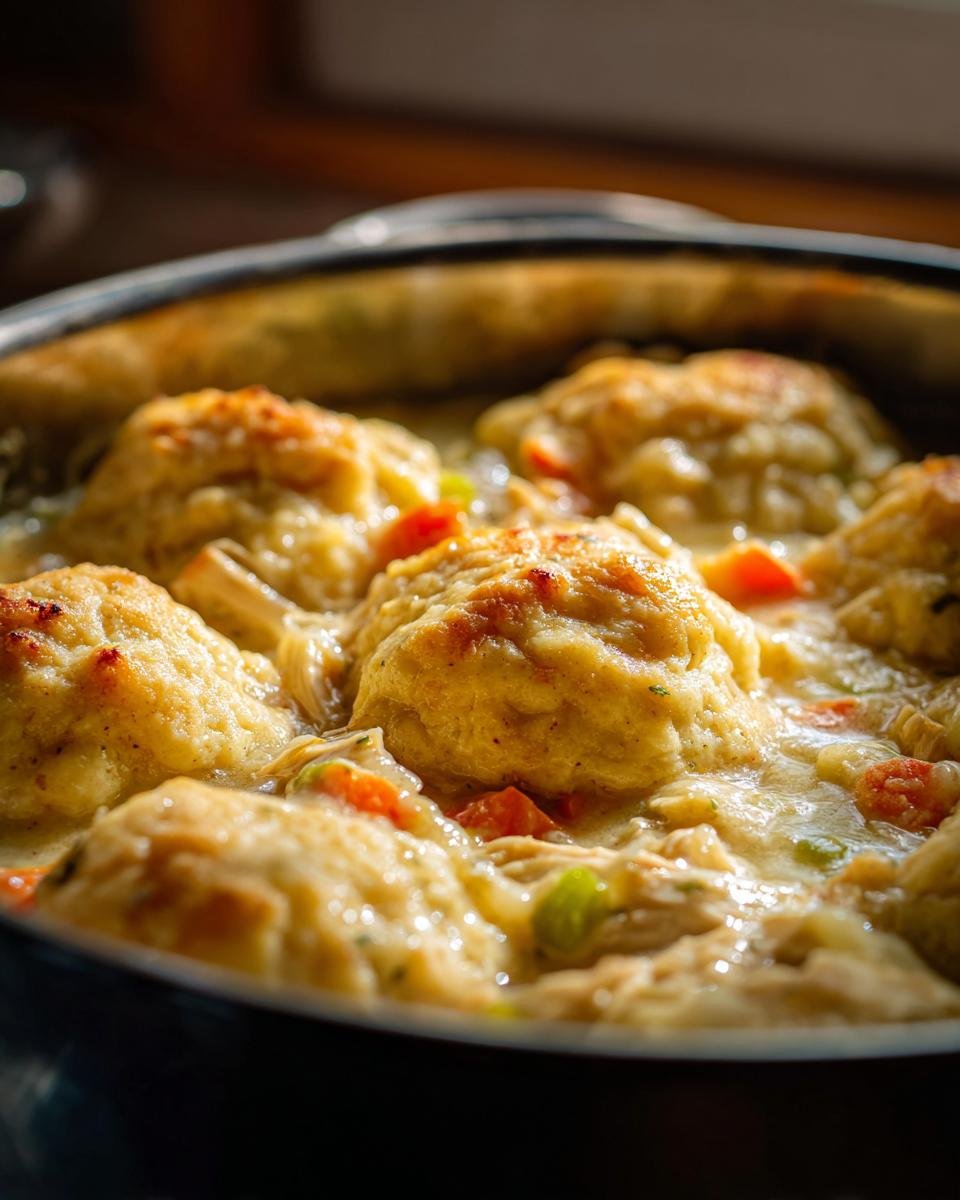 Close-up of fluffy, golden-brown dumplings simmering in savory broth with chicken and vegetables for Instant Pot Chicken And Dumplings.