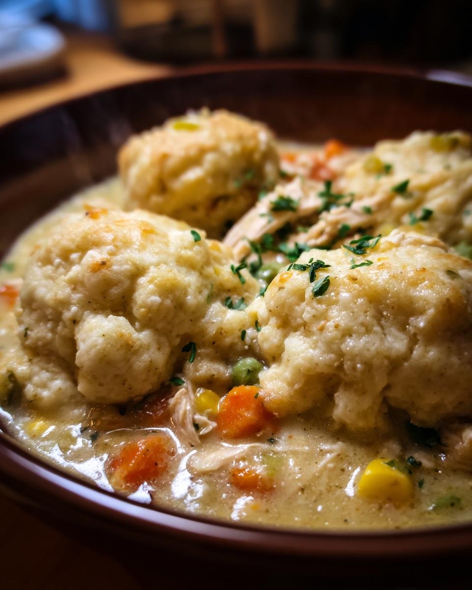 A close-up, appetizing shot of Instant Pot Chicken And Dumplings served in a dark bowl, topped with fresh parsley.