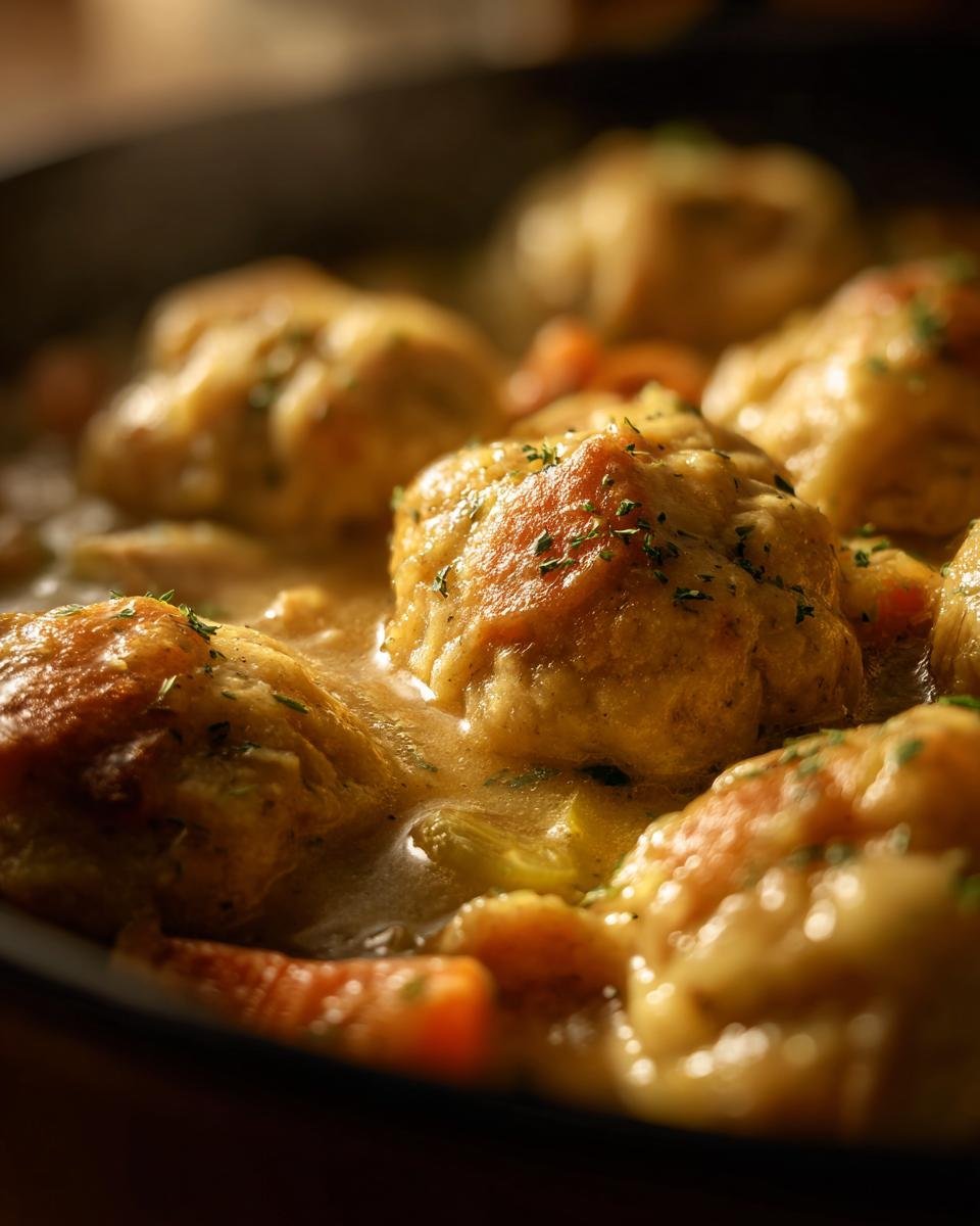 Close-up of golden, fluffy dumplings simmering in a rich broth with carrots for Instant Pot Chicken and Dumplings.