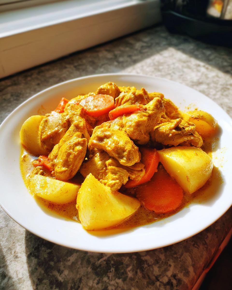 A white plate filled with vibrant yellow Jamaican Curry Chicken pieces, potatoes, and carrots, bathed in sunlight.