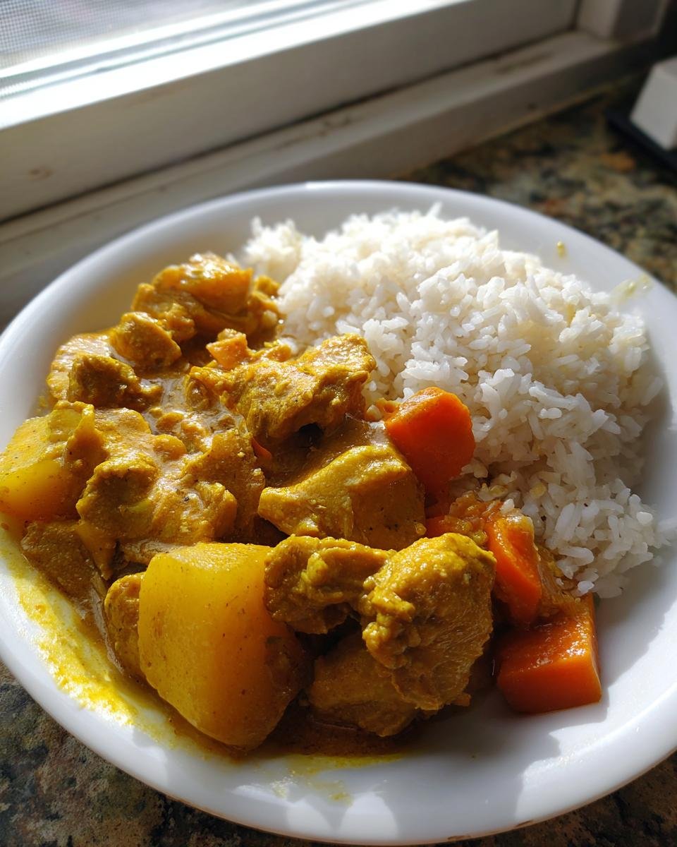 A white bowl filled with vibrant Jamaican Curry Chicken, potatoes, carrots, and white rice, illuminated by natural light.