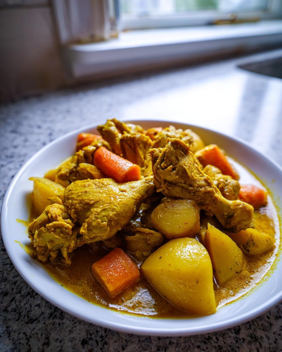 A close-up of a white bowl filled with vibrant Jamaican Curry Chicken, potatoes, and carrots in a rich yellow sauce.