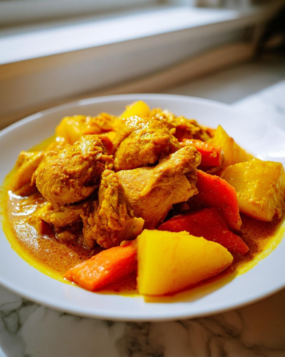 Close-up of a white bowl filled with vibrant Jamaican Curry Chicken chunks, potatoes, and carrots in a rich yellow sauce.