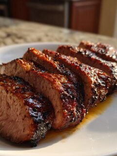 Slices of perfectly cooked, juicy Grilled Pork Tenderloin with a caramelized glaze on a white plate.