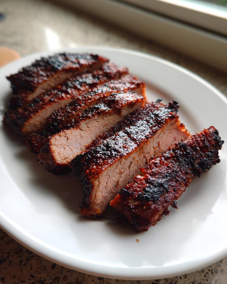 Slices of perfectly cooked, juicy Grilled Pork Tenderloin with a dark, caramelized crust on a white plate.