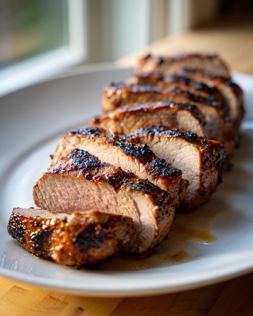 Slices of juicy grilled pork tenderloin with a caramelized crust resting on a white plate.