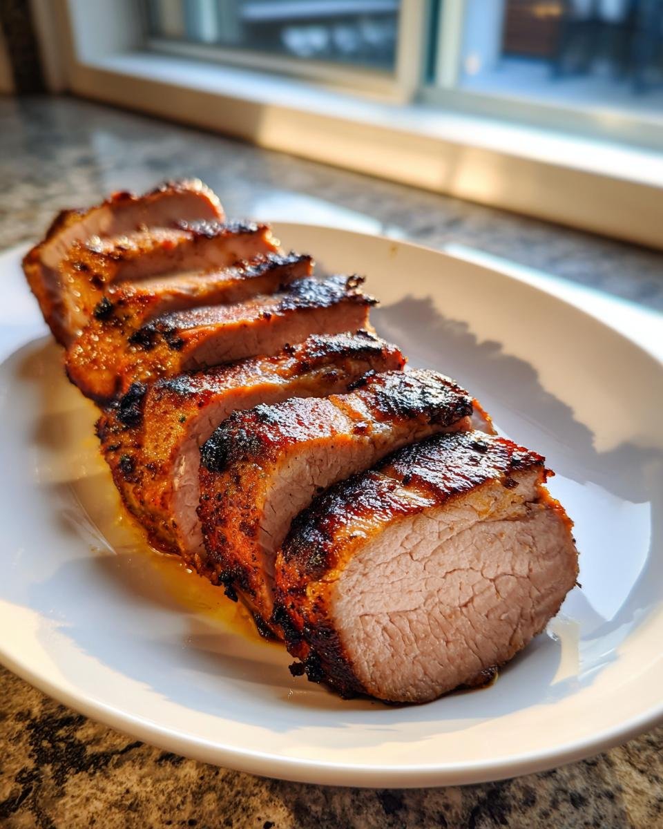 Slices of perfectly cooked Grilled Pork Tenderloin, showing a juicy pink center and caramelized exterior, served on a white plate.