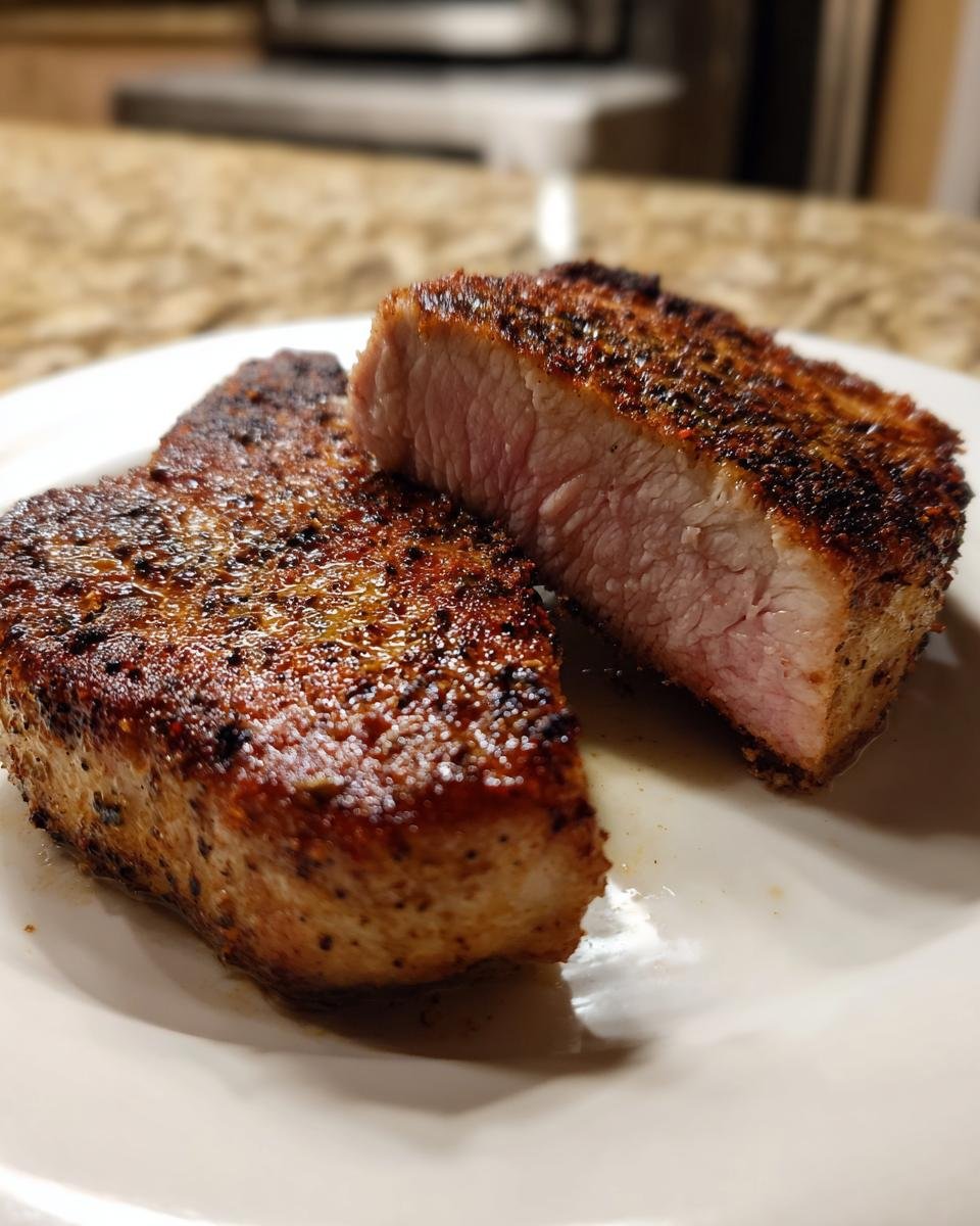 Close-up of a thick, juicy keto pork chop, sliced to show the pink interior and dark, seasoned crust.