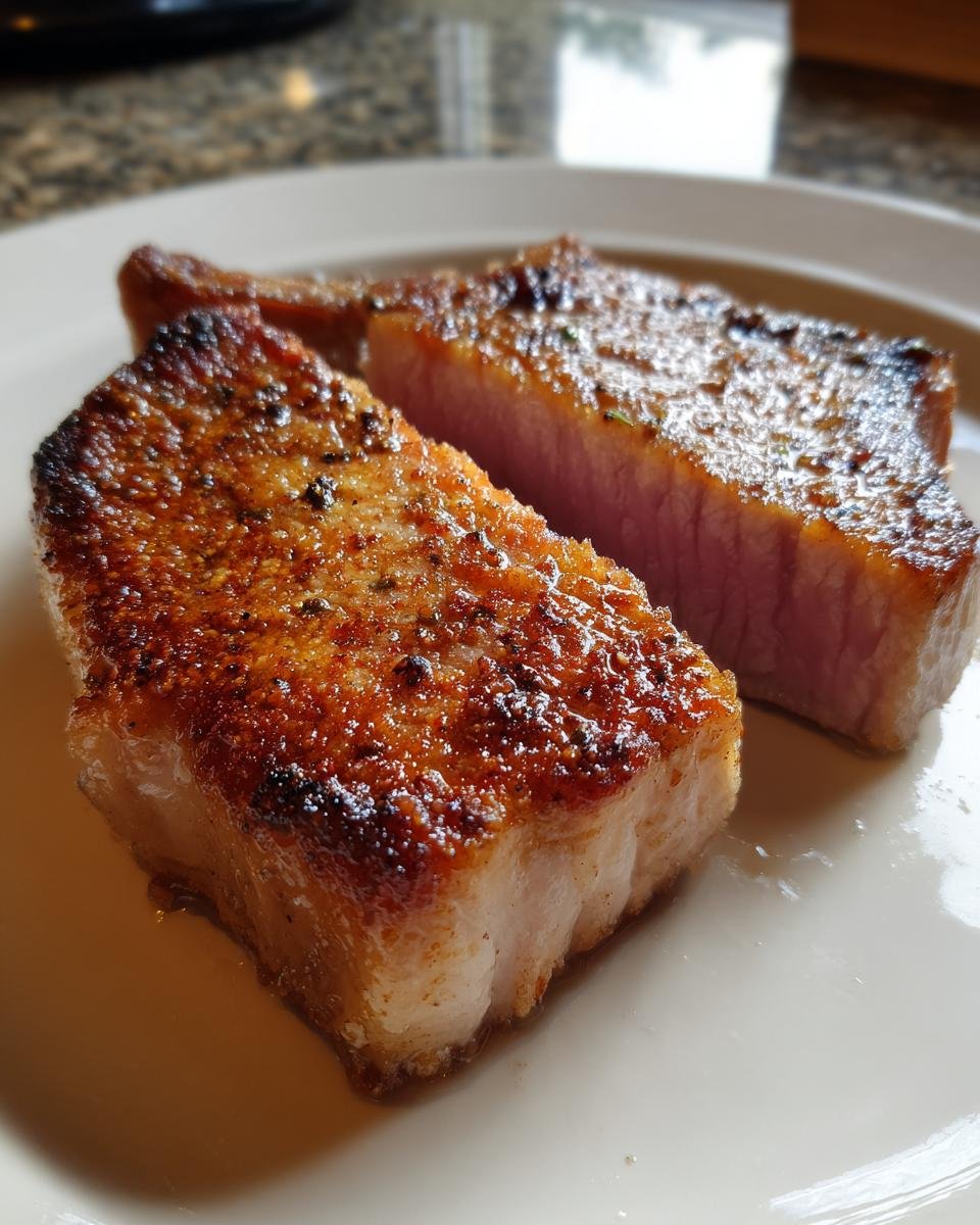 Close-up of two thick, juicy pork chop pieces showing a beautiful sear and pink center, perfect for Keto Pork Chop Recipes.