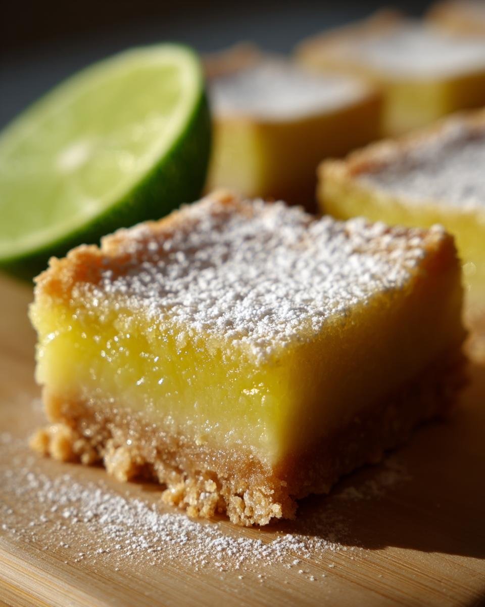 A close-up of a single Key Lime Pie Bars square dusted with powdered sugar, with a lime half nearby.