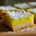A close-up, appetizing shot of a single Key Lime Pie Bars square topped with powdered sugar.