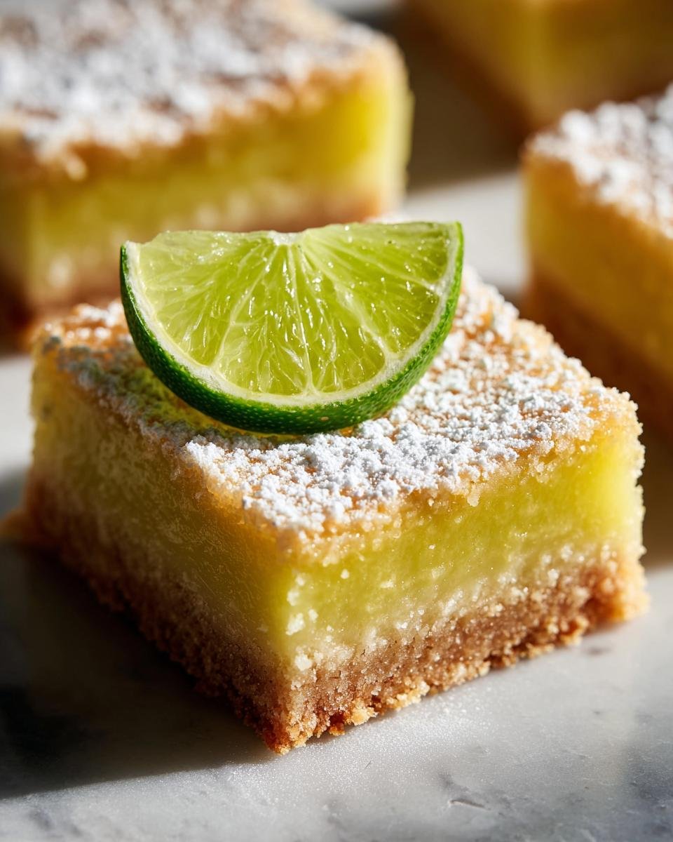 A close-up of one of the Key Lime Pie Bars, topped with powdered sugar and a fresh lime wedge.