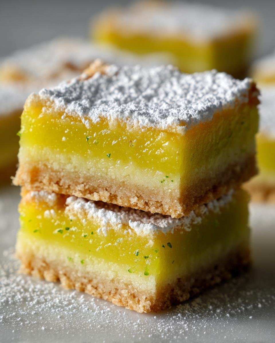 Close-up of two Key Lime Pie Bars stacked, featuring a bright yellow-green filling and graham cracker crust, dusted with powdered sugar.