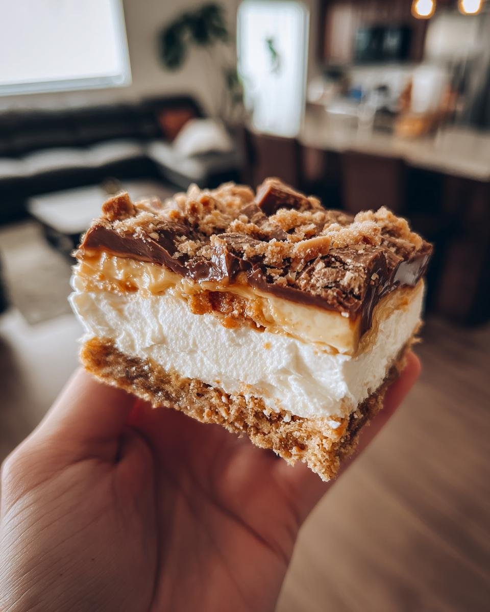 A thick, layered square of a no-bake Butterfinger dessert held up, showing crust, cream, caramel, and chocolate topping.