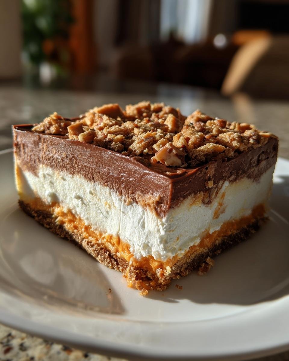 Close-up of a layered square slice of Butterfinger Desserts featuring a crust, orange layer, white cream, chocolate top, and crushed topping.