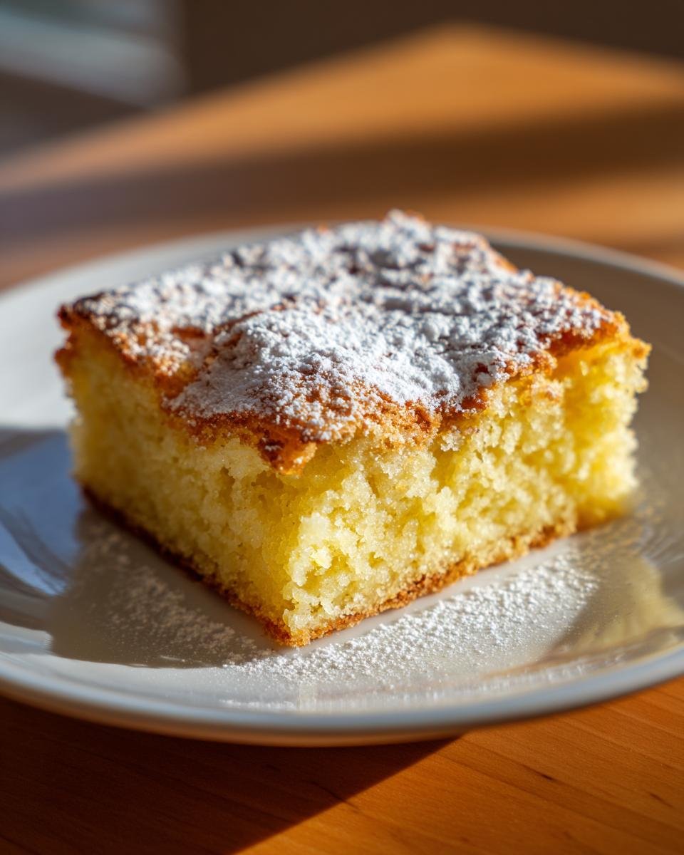 A square slice of moist, yellow Lemon Blondies dusted heavily with powdered sugar on a white plate.