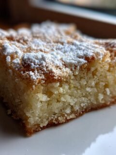 Close-up of a single serving of moist Lemon Blondies, topped with a dusting of white powdered sugar.