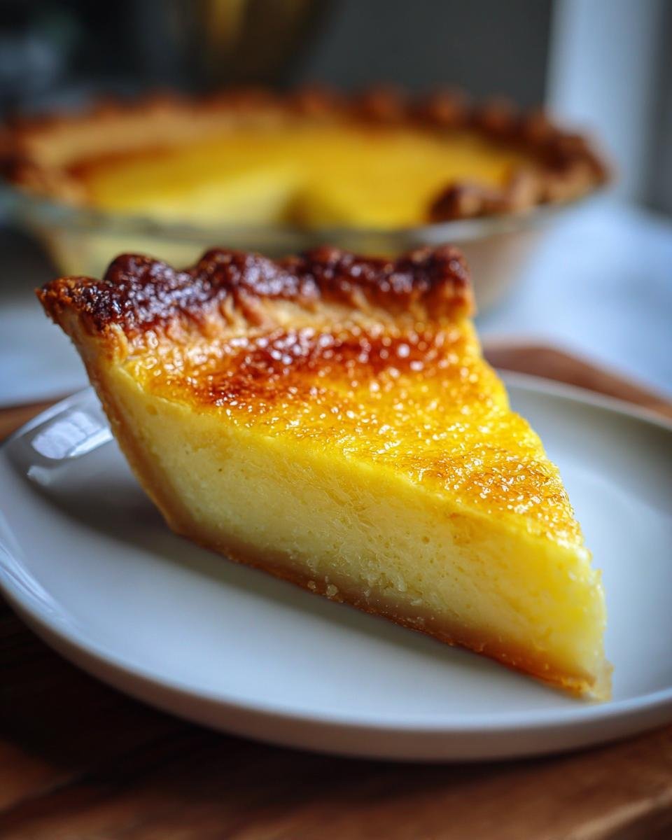 A close-up slice of bright yellow Lemon Chess Pie with a caramelized, slightly burnt sugar top on a white plate.