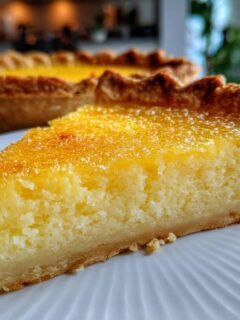 Close-up of a slice of rich, bright yellow Lemon Chess Pie with a sugary top, resting on a white plate, with the rest of the pie blurred in the background.
